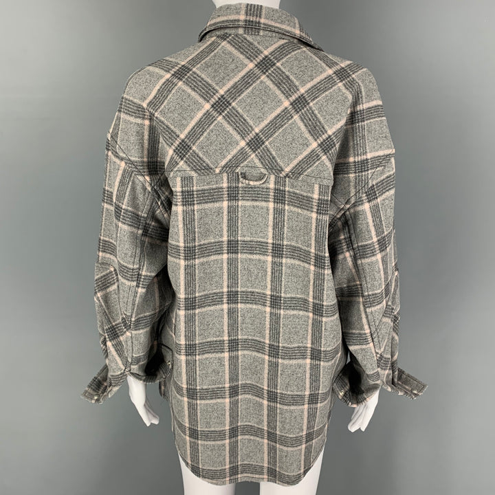 IRO Size 2 Grey Pink Wool Blend Plaid Oversized Shirt