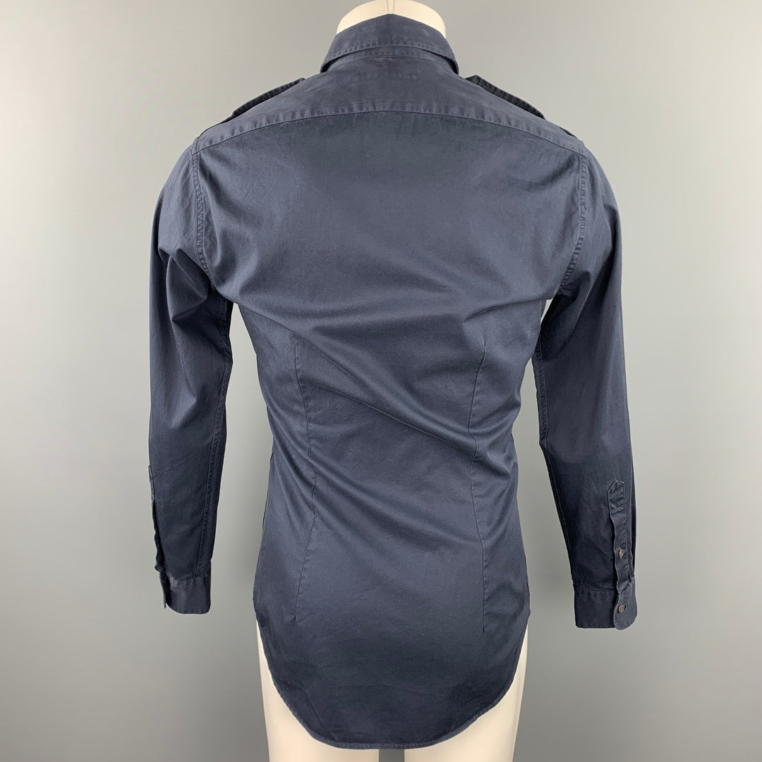 RALPH LAUREN Taille S Chemise à manches longues en coton bleu marine avec poches plaquées