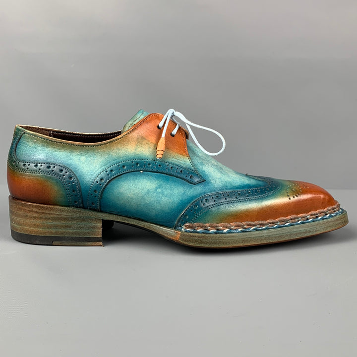 PAUL PARKMAN Size 8 Turquoise Brown Perforated Leather Wingtip Shoes