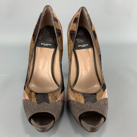 BALDAN Talla 8 Zapatos de tacón peep toe con plataforma de pelo de caballo con estampado de tigre y ante marrón