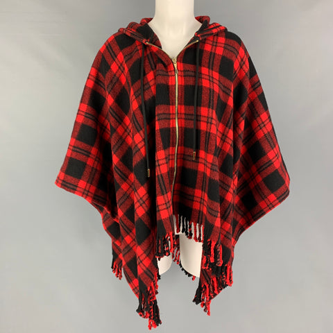 KATE SPADE Size One Size Red Black Wool Blend Plaid Zip Up Cape