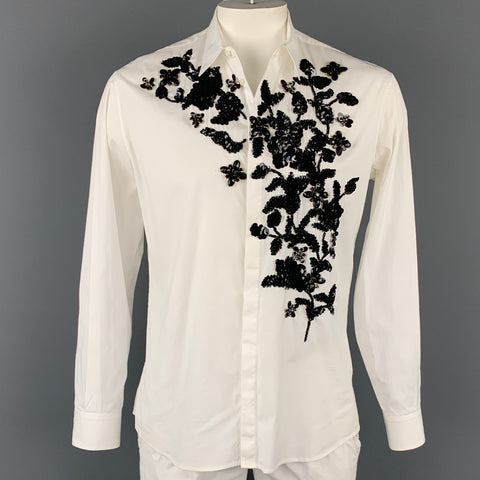 DSQUARED2 Size L White & Black Beaded Cotton Blend Long Sleeve Shirt