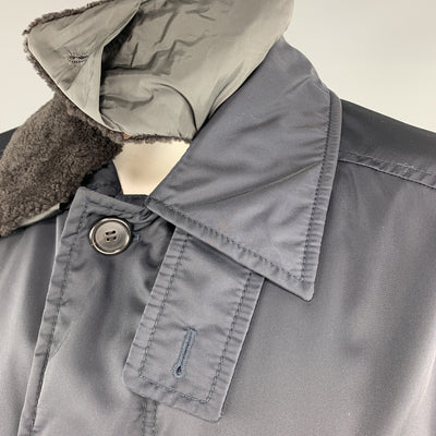 PRADA Size 46 Navy Nylon Hidden Placket Brown Lamb Shearling Collar Coat