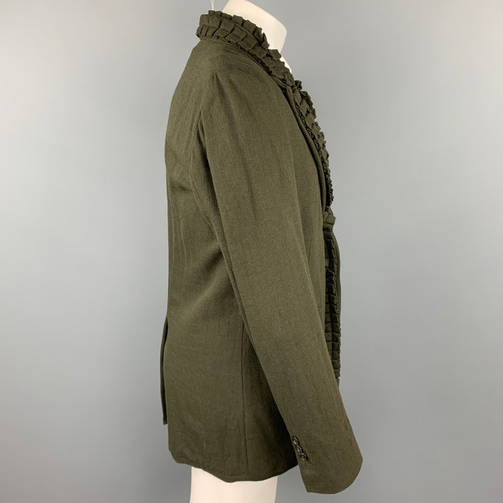 ANN DEMEULEMEESTER Size S Olive Cotton Ruffled Notch Lapel Sport Coat