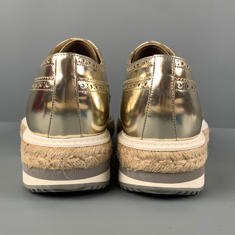 PRADA Size 6.5 Gold Leather Perforated Wingtip Lace Up Shoes
