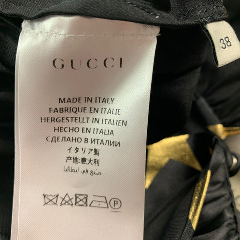 GUCCI Size 2 Black Gold Silk Stars Blouse