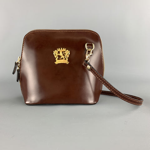 PRATESI Brown Leather Mini Gold Zipper & Plaque Square Crossbody Bag