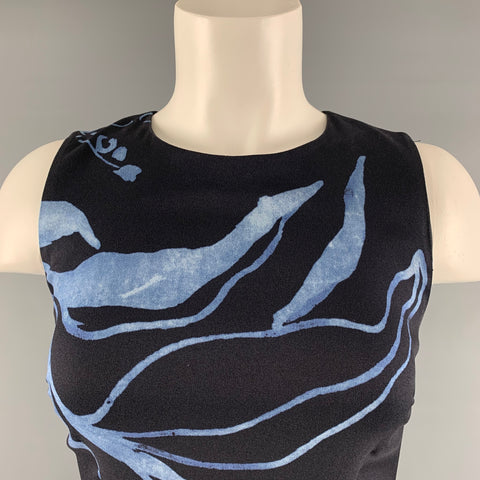 SUNO Size 2 Black Blue Silk Elastane Abstract floral Sleeveless Dress