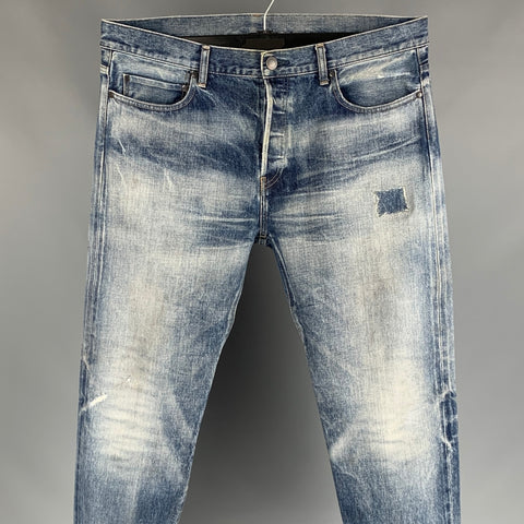 JOHN ELLIOTT Talla 38 Vaqueros azules con bragueta de botones y mezclilla con orillo desgastado