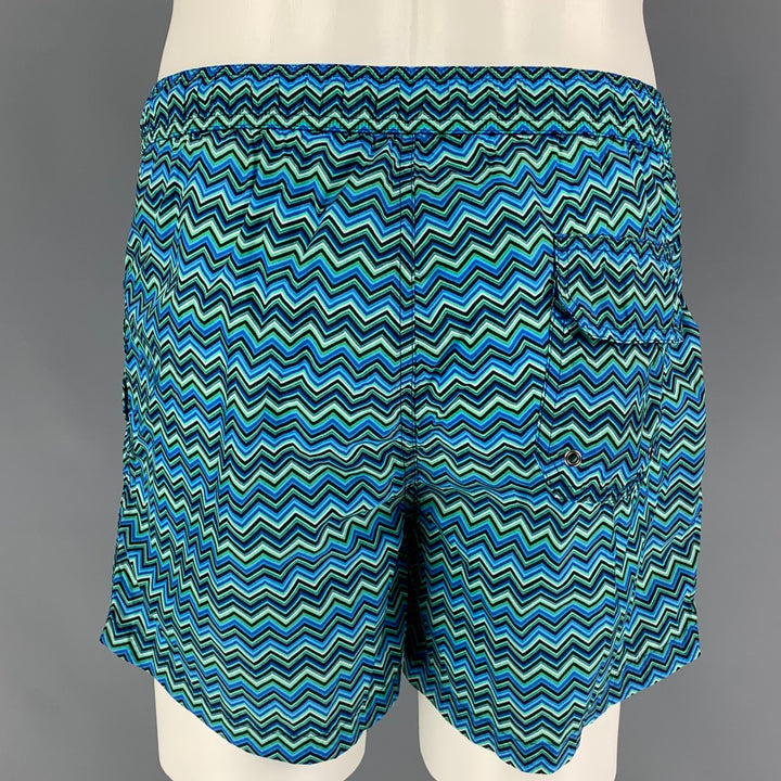 MISSONI Size M Blue Green Zig Zag Polyester Lined Swim Trunks