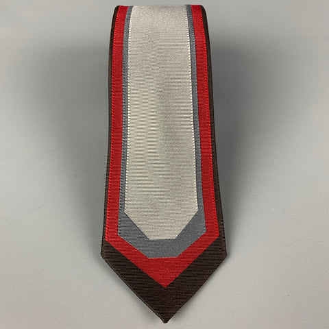 LOUIS VUITTON Grey Brown Burgundy Vertical Stripe Silk Tie