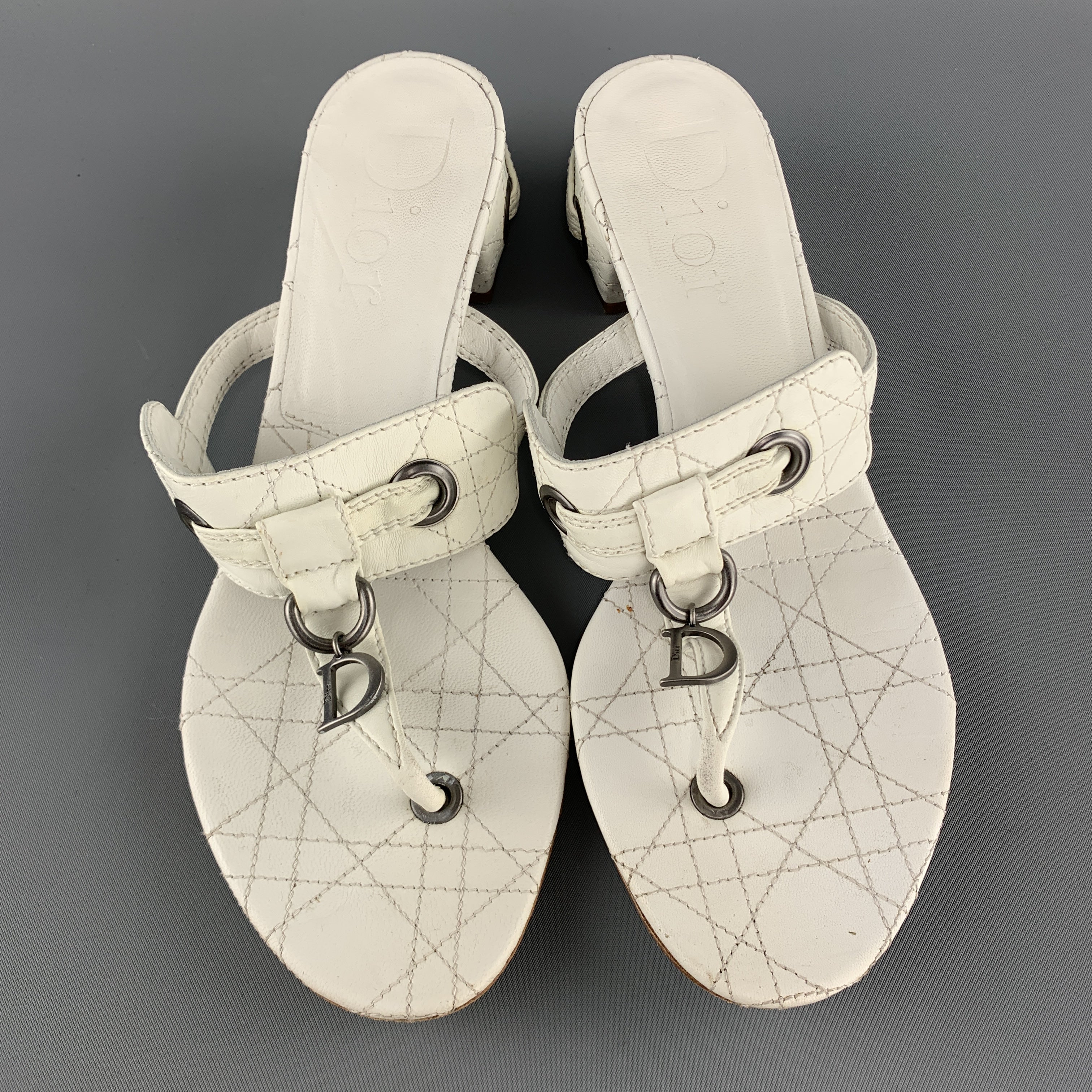 CHRISTIAN DIOR Size 10 White Cannage Leather D Loop Thong