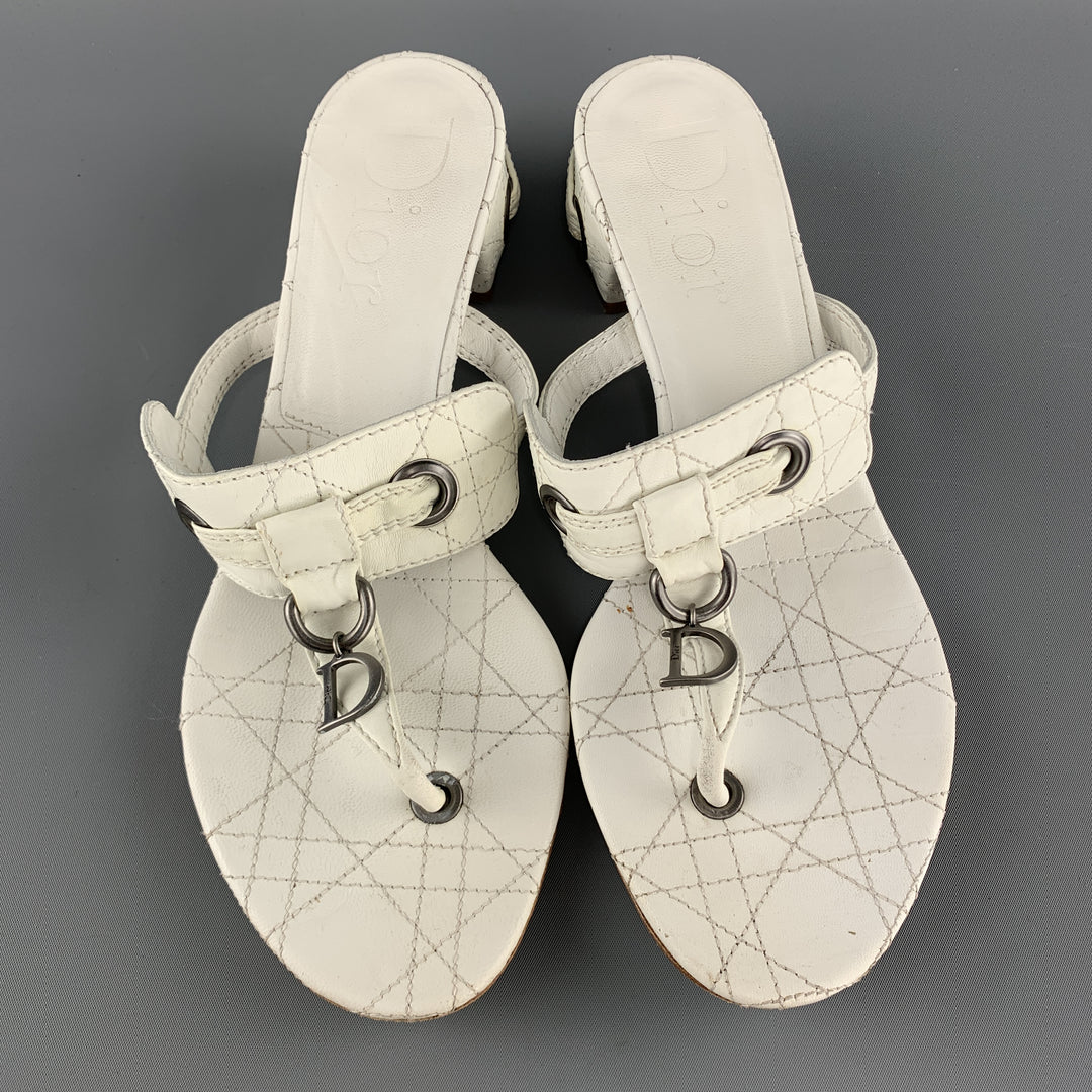CHRISTIAN DIOR Size 10 White Cannage Leather D Loop Thong Mule Sandals
