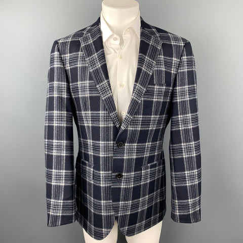 HUGO BOSS Size 38 Regular Navy & Grey Plaid Cashmere / Silk Sport Coat