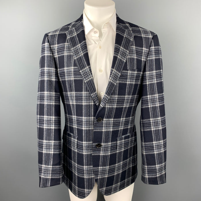 HUGO BOSS Size 38 Regular Navy & Grey Plaid Cashmere / Silk Sport Coat