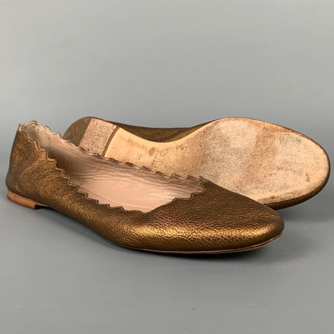 CHLOE Size 9 Gold Leather Scalloped Edge Ballet Flats