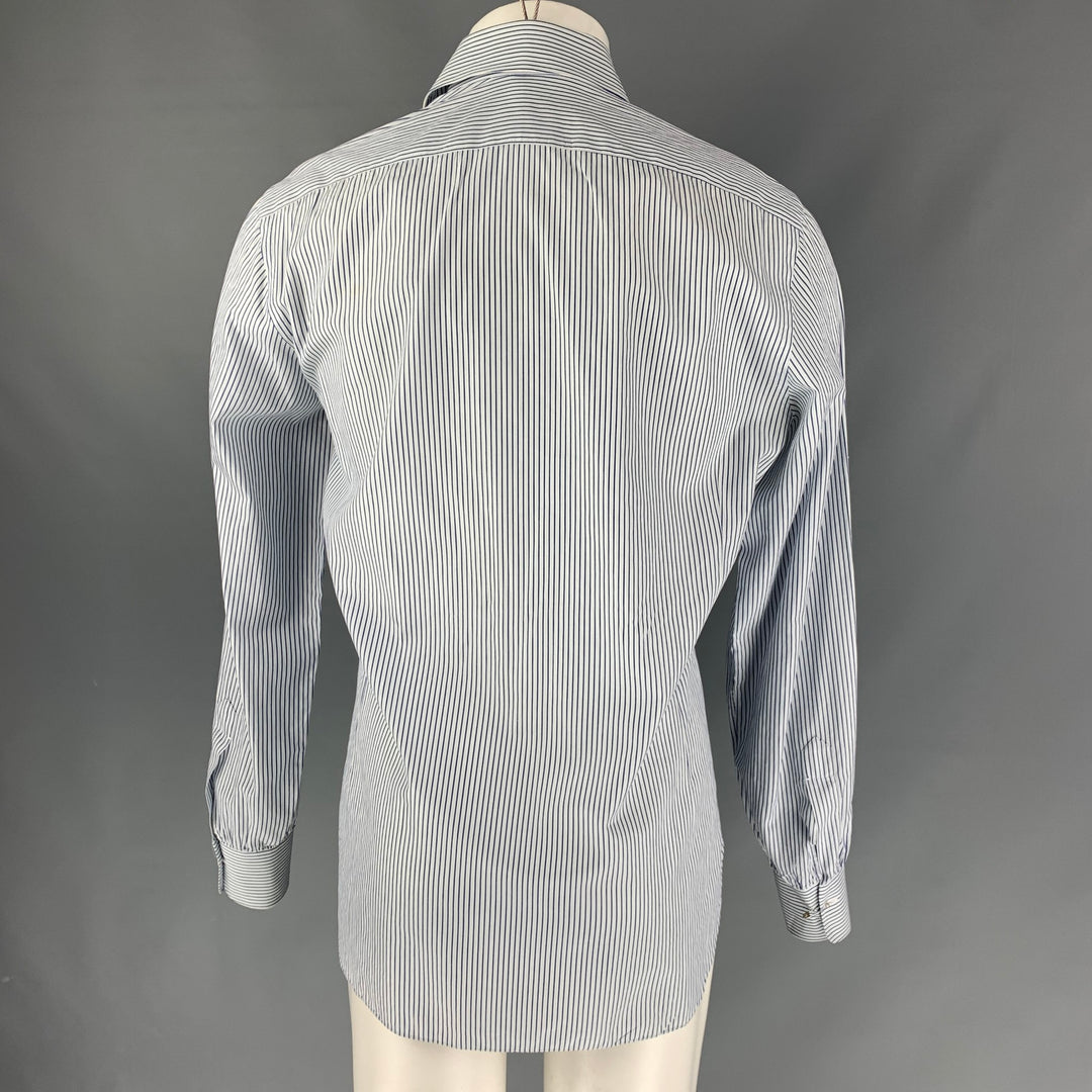 KITON Size M White & Navy Stripe Cotton Button Up Long Sleeve Shirt