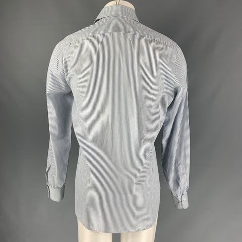 KITON Size M White & Navy Stripe Cotton Button Up Long Sleeve Shirt