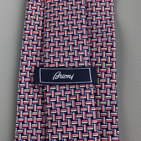 BRIONI Navy & Pink Print Silk Tie