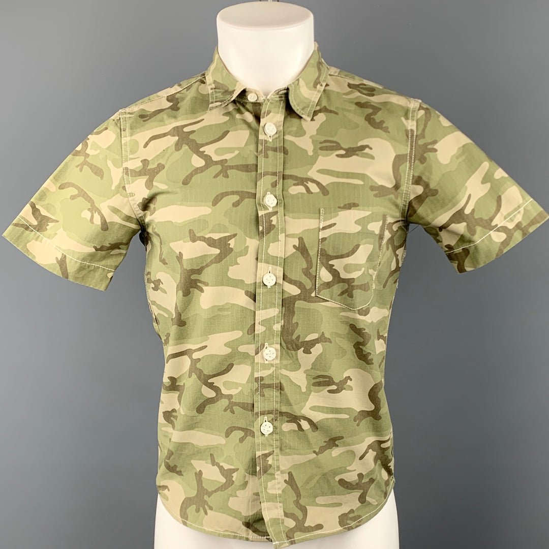 COMME des GARCONS HOMME PLUS Size S Olive Camouflage Cotton Short Sleeve Shirt