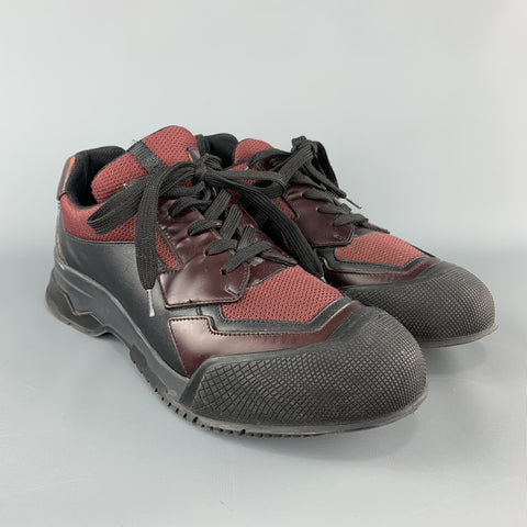 PRADA Size 8.5 Black & Burgundy Leather & Mesh Chunky Lace Up Sneakers