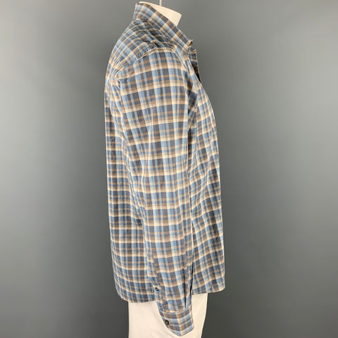 ERMENEGILDO ZEGNA Size XL Blue & Taupe Plaid Cotton Button Down Long Sleeve Shirt