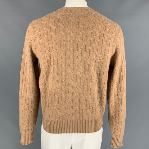 RALPH LAUREN Size L Camel Cable Knit Cashmere Crew-Neck Sweater