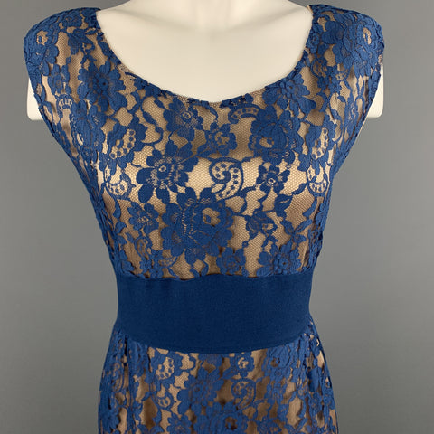 ROSANNA MANZONI Size 10 Blue Silk Lace Shift Cocktail Dress