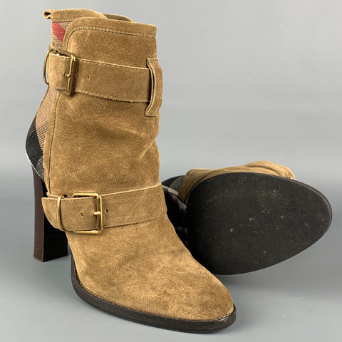 BURBERRY Size 8 Khaki Suede Ankle Strap Boots