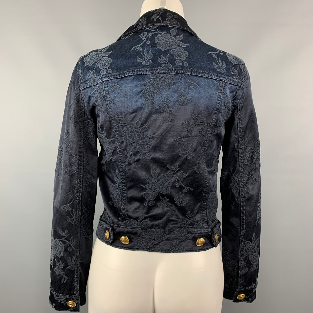LOVE MOSCHINO Size 6 Black & Midnight Blue Satin Cotton / Viscose Embroidered Jacket