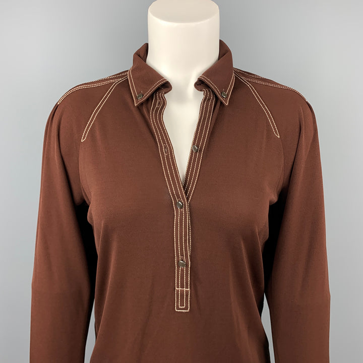 HERMES Size 6 Brown Jersey Contrast Stitch Blouse