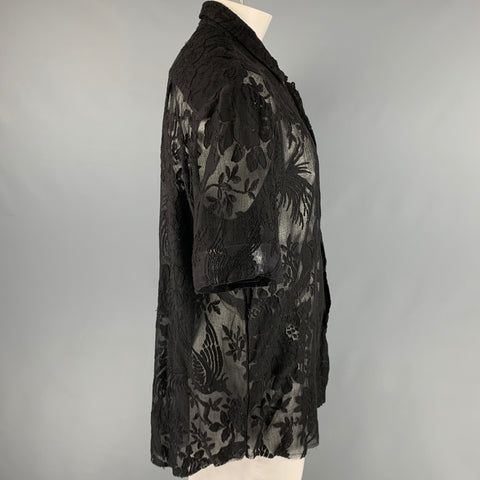 BY WALID Size L Black Lace Cotton Button Up Short Sleeve Shirt
