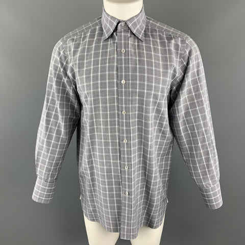 TOM FORD Size M Blue & Grey Plaid Cotton Pointed Collar Button Up Long Sleeve Shirt