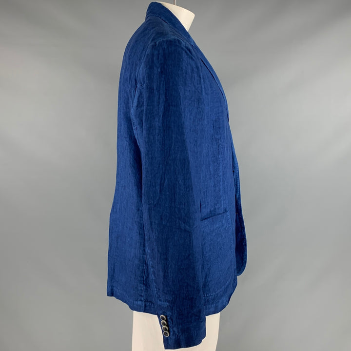 120% LINO Size 48 Blue Linen Notch Lapel Sport Coat
