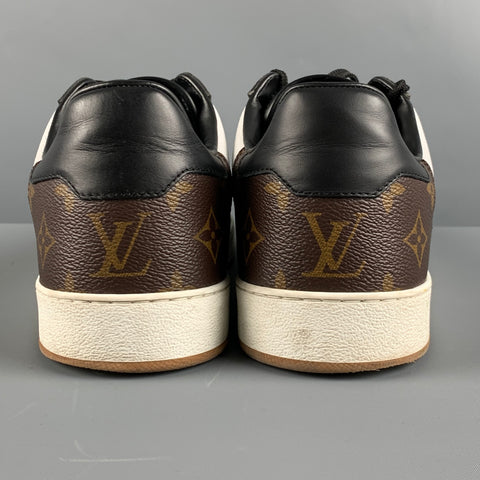 LOUIS VUITTON Size 9.5 White Black & Brown Logo Leather Low Top Sneakers