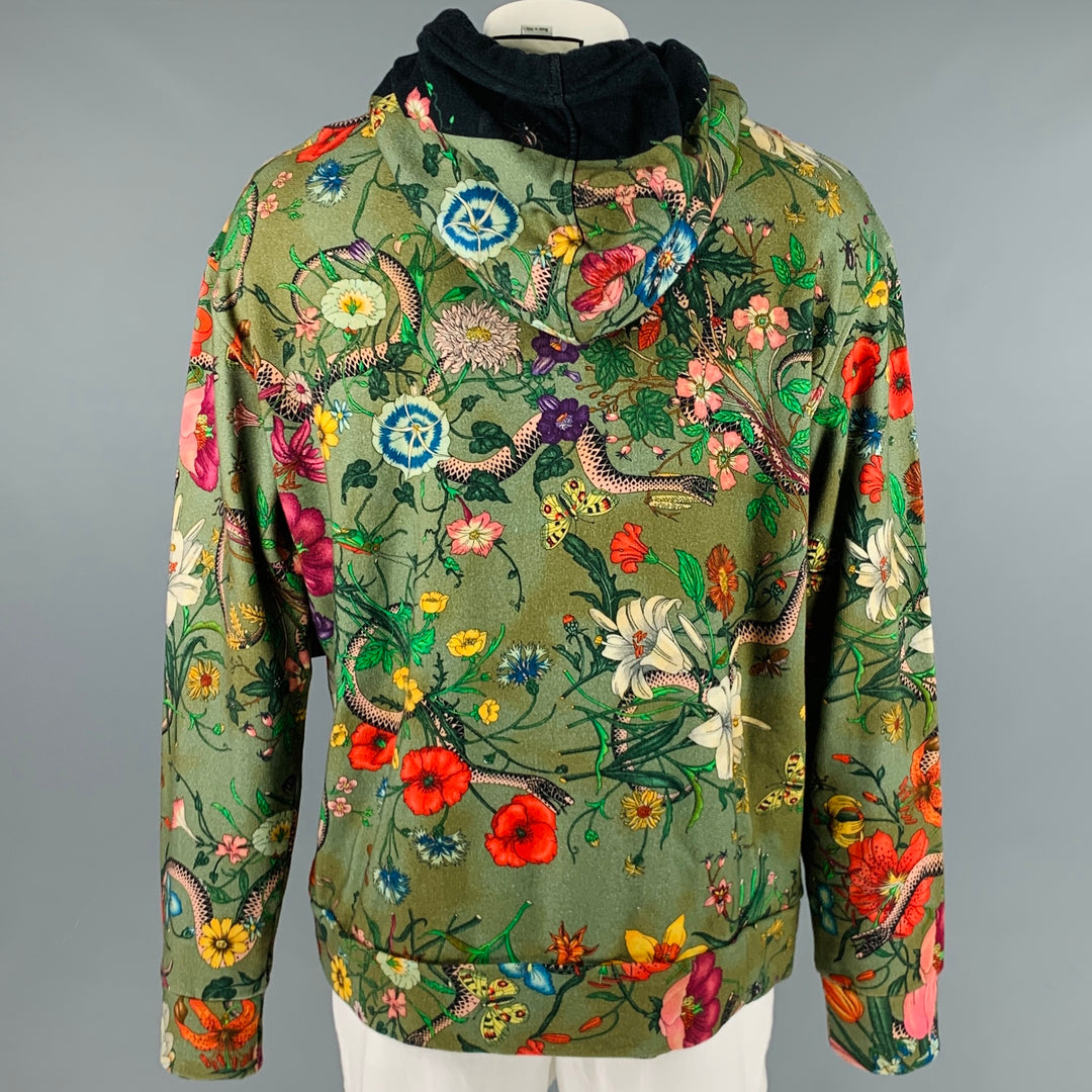 GUCCI Size XXL Green Multi-Color Print Cotton Hoodie Sweatshirt