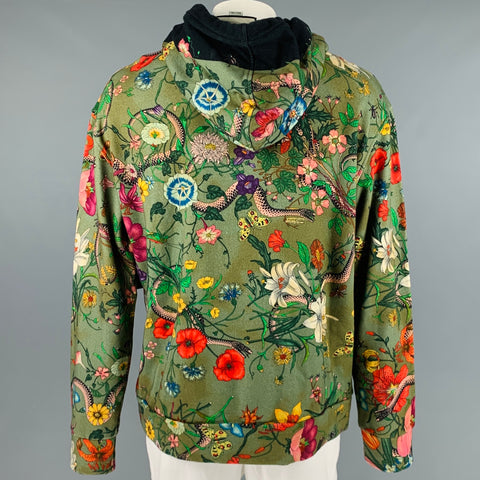 GUCCI Size XXL Green Multi-Color Print Cotton Hoodie Sweatshirt