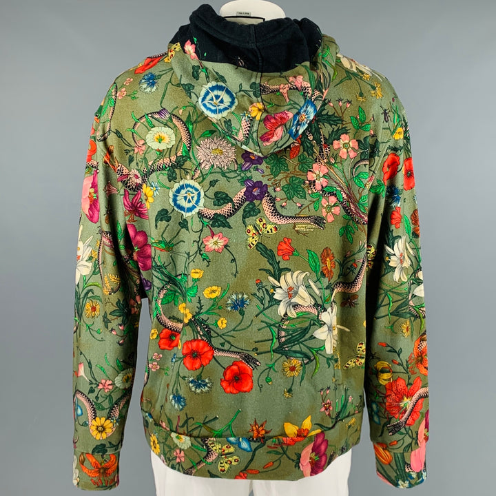 GUCCI Size XXL Green Multi-Color Print Cotton Hoodie Sweatshirt