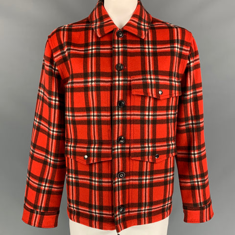 TODD SNYDER Size XXL Red & Black Plaid Wool Patch Pockets Jacket