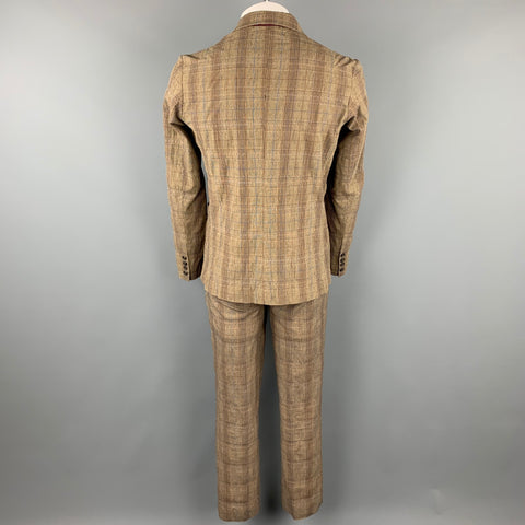 PODOLL Size M Brown Plaid Cotton Blend Peak Lapel Suit