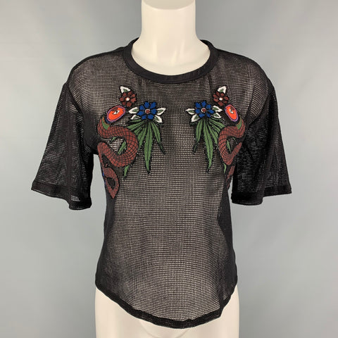 SANDRO Size S Black Mesh Cotton Crew-Neck Casual Top