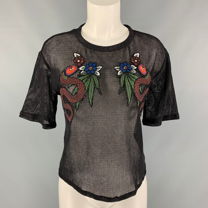 SANDRO Size S Black Mesh Cotton Crew-Neck Casual Top