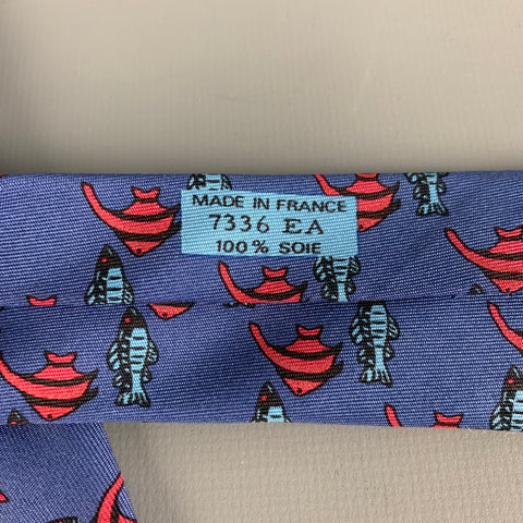HERMES 7336 EA Blue Red Fish Silk Tie