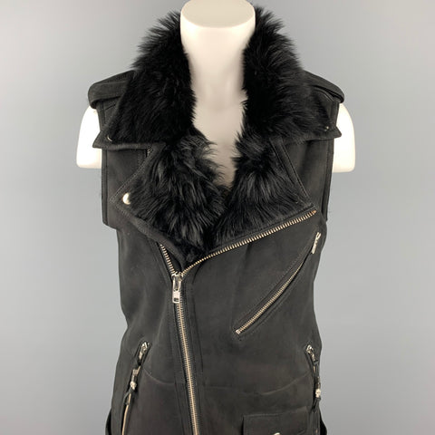 BLK DNM Chaleco motero con cinturón y cremallera de piel de oveja negra talla S