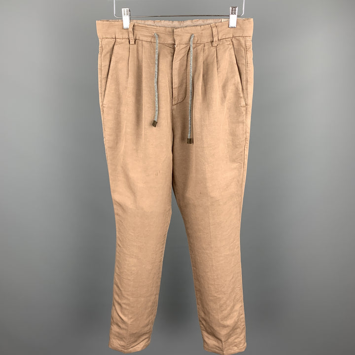 BRUNELLO CUCINELLI Size 28 Tan Linen / Cotton Drawstring Casual Pants