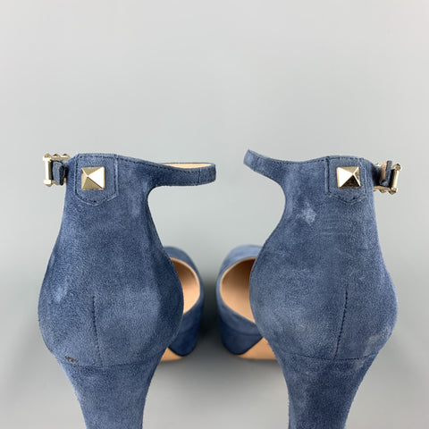 VALENTINO Size 8 Blue Suede PLatform Rockstud Anbkle Strap Pumps