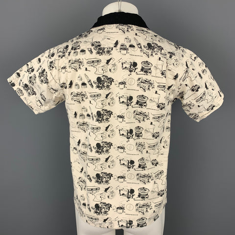 SAMURAI MOTOR CLUB Size L Beige Print Cotton Button Up Short Sleeve Shirt