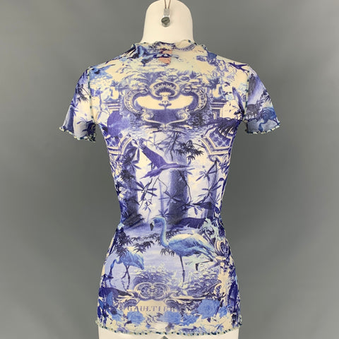 JEAN PAUL GAULTIER Size S Blue & White Polyamide See Through Tapestry Blouse