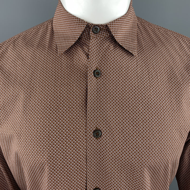 PRADA Taille S Chemise à manches longues boutonnée en coton imprimé à pois marron