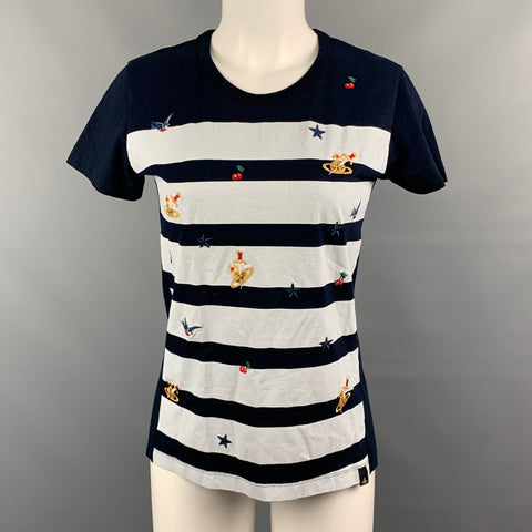 VIVIENNE WESTWOOD ANGLOMANIA Size S Navy & White Stripe Cotton Embroidered T-Shirt